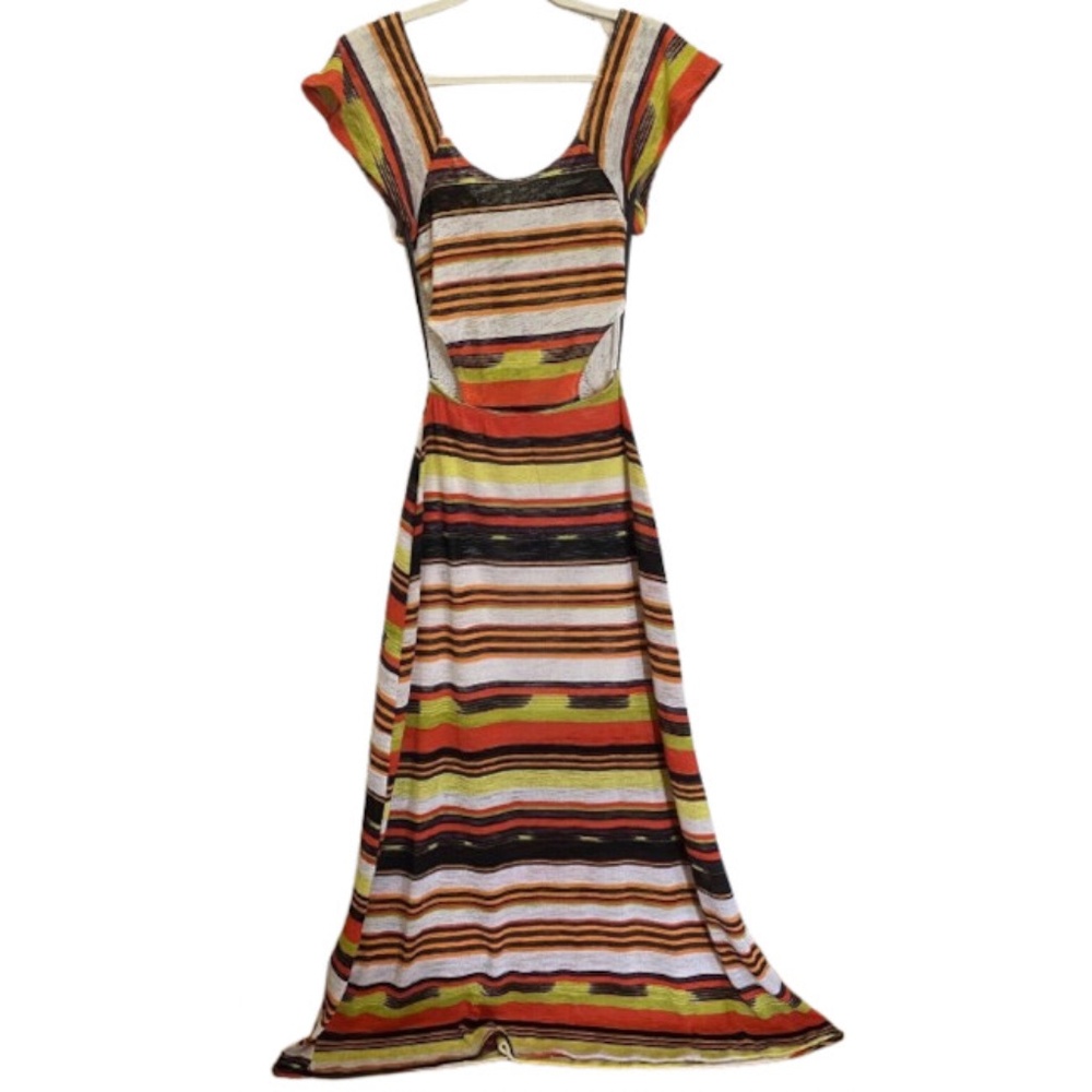 Vtg 70s Multicolor Striped Boho Maxi Dress M